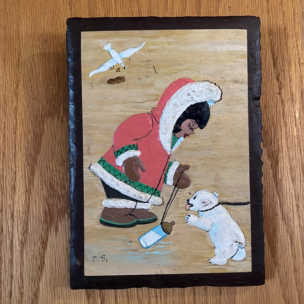 Alaska vintage wood picture Eskimo & bear